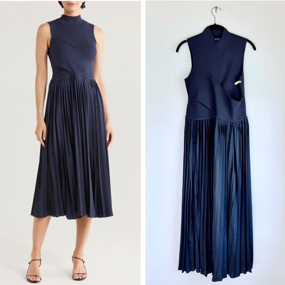 NWT Derek Lam Maizie Mock Neck Pleated Navy Sweater Dress - Size Medium - Picture 4 of 8